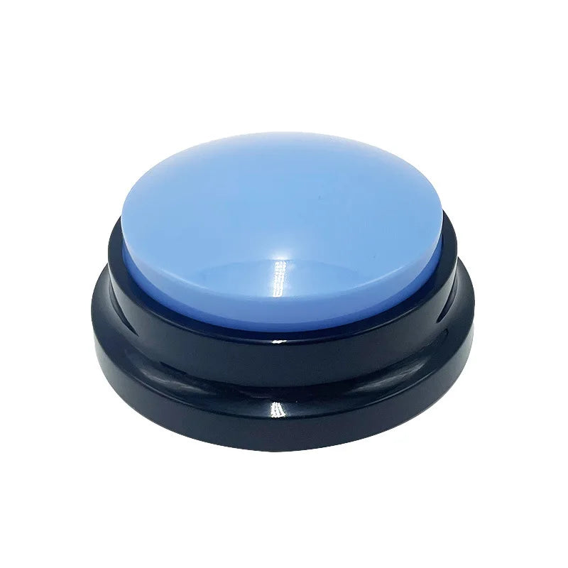 Large blue button with black base on a white background