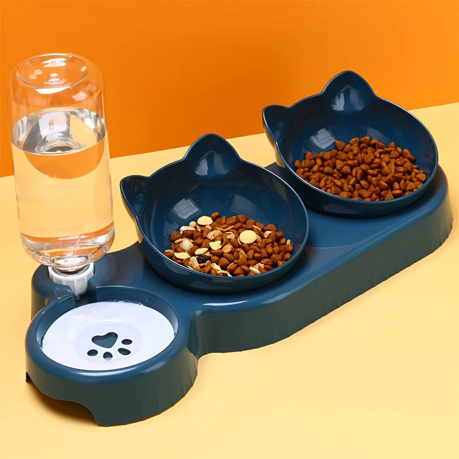 3-in-1 tilted pet bowl set with gravity water feeder