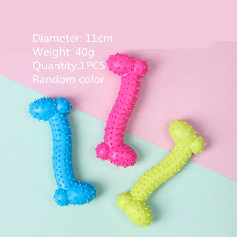 Three bone-shaped dog toys in blue, pink, and green on a colorful background with text indicating size, weight, and quantity.