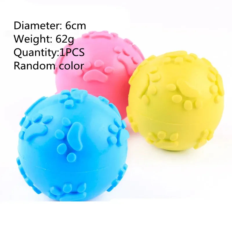 Three colorful rubber balls with text indicating diameter, weight, and quantity on a white background.