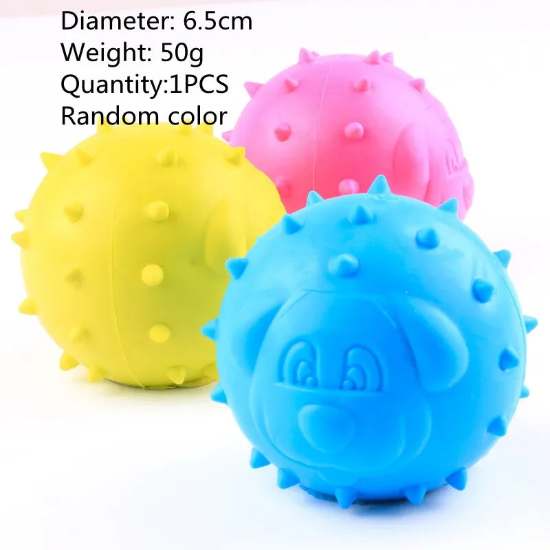 Three textured balls in blue, yellow, and pink with product details on a white background.