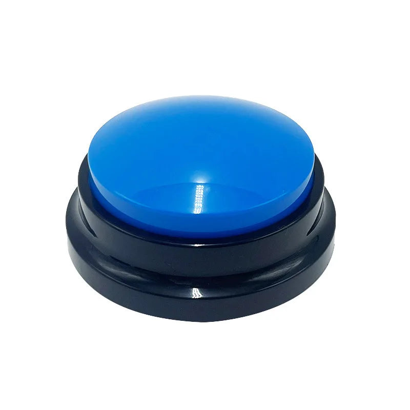 Blue button with black base on a white background