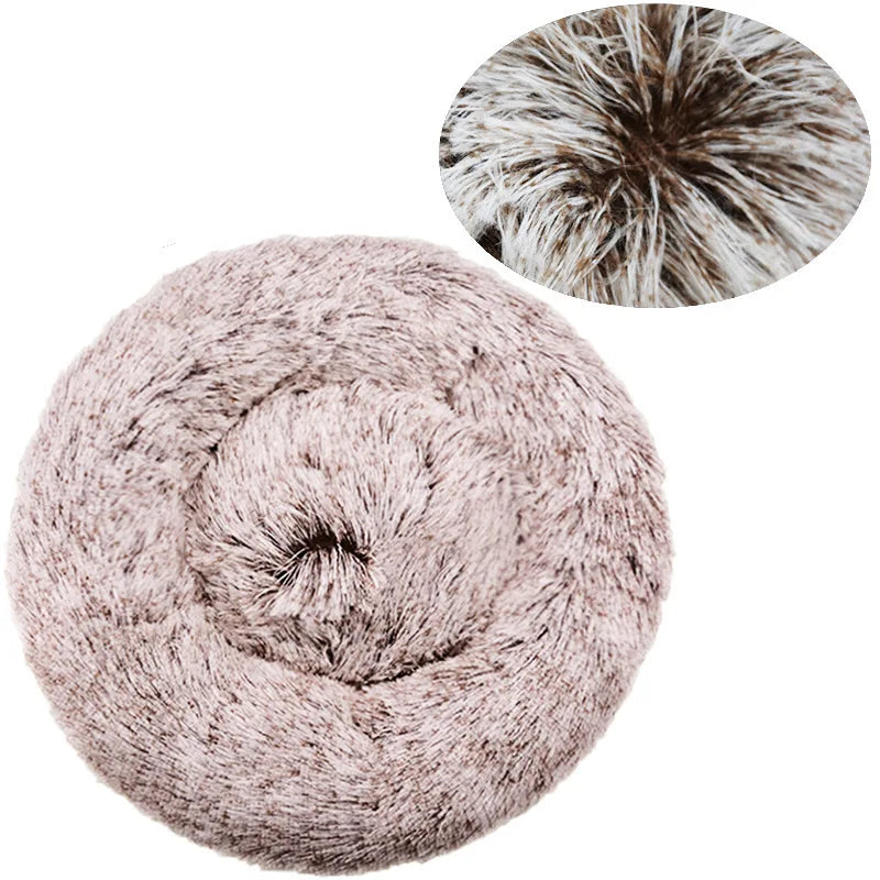 Cozy calming dog bed with long plush fabric