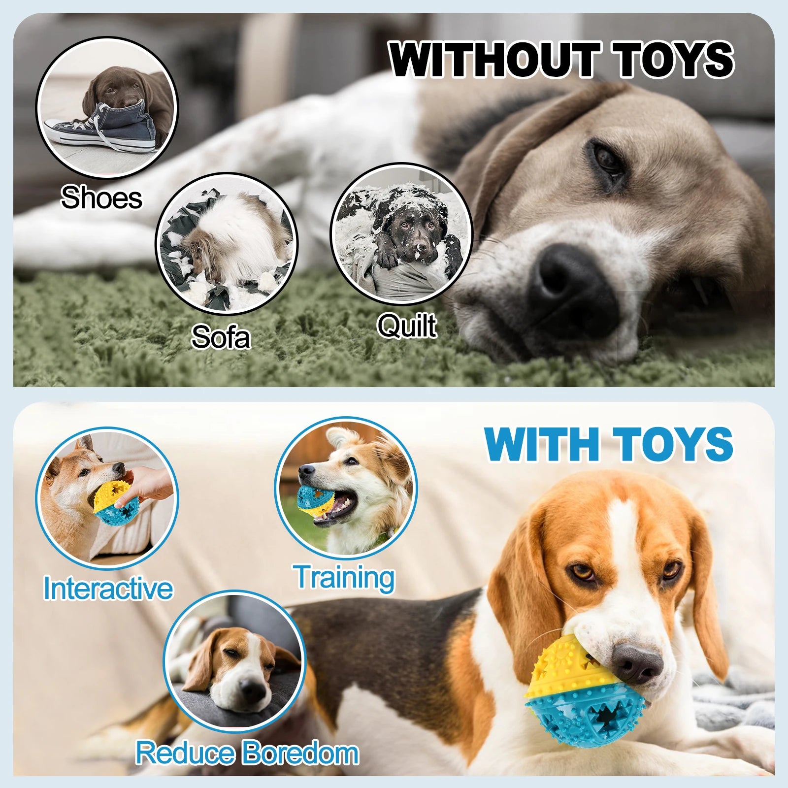 Comparison of a dog without toys versus with toys, showing different activities and benefits.