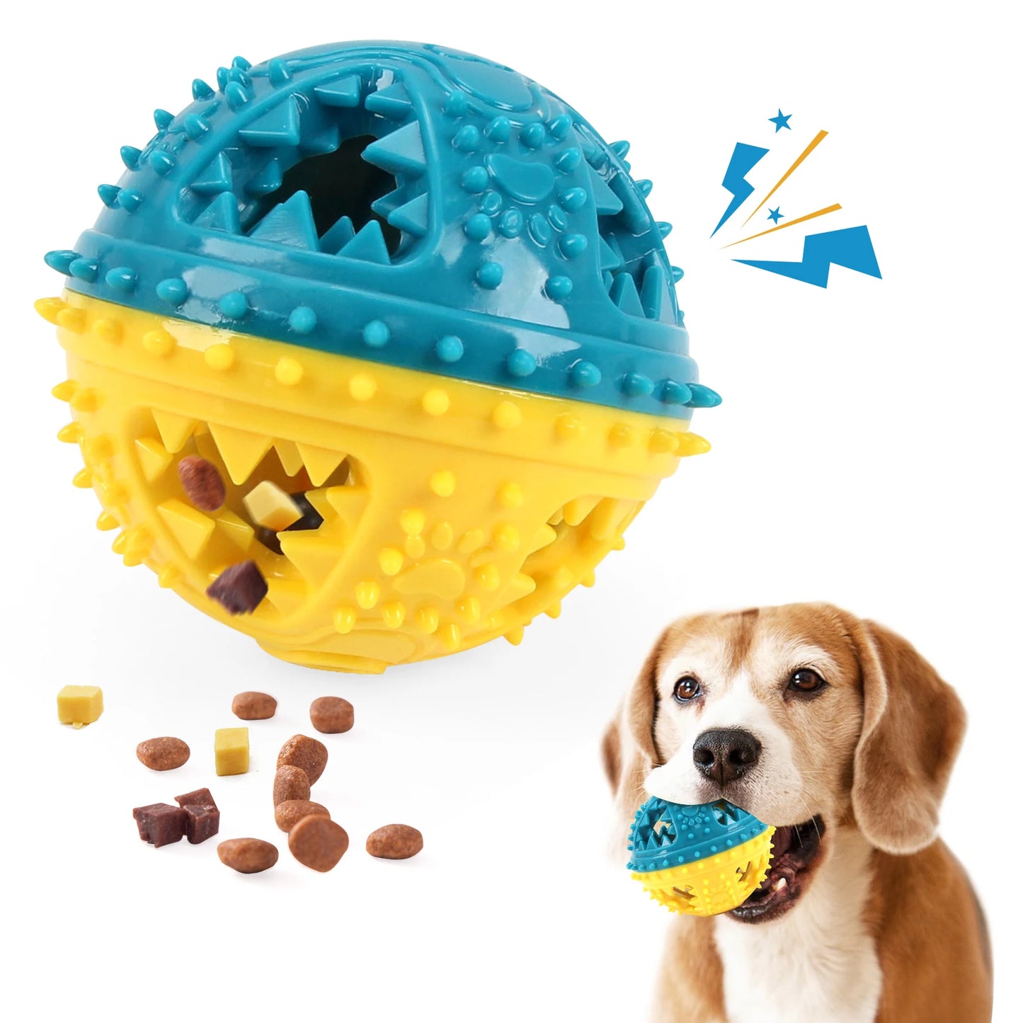 Dog toy with spikes and a dog holding it, with treats on a white background