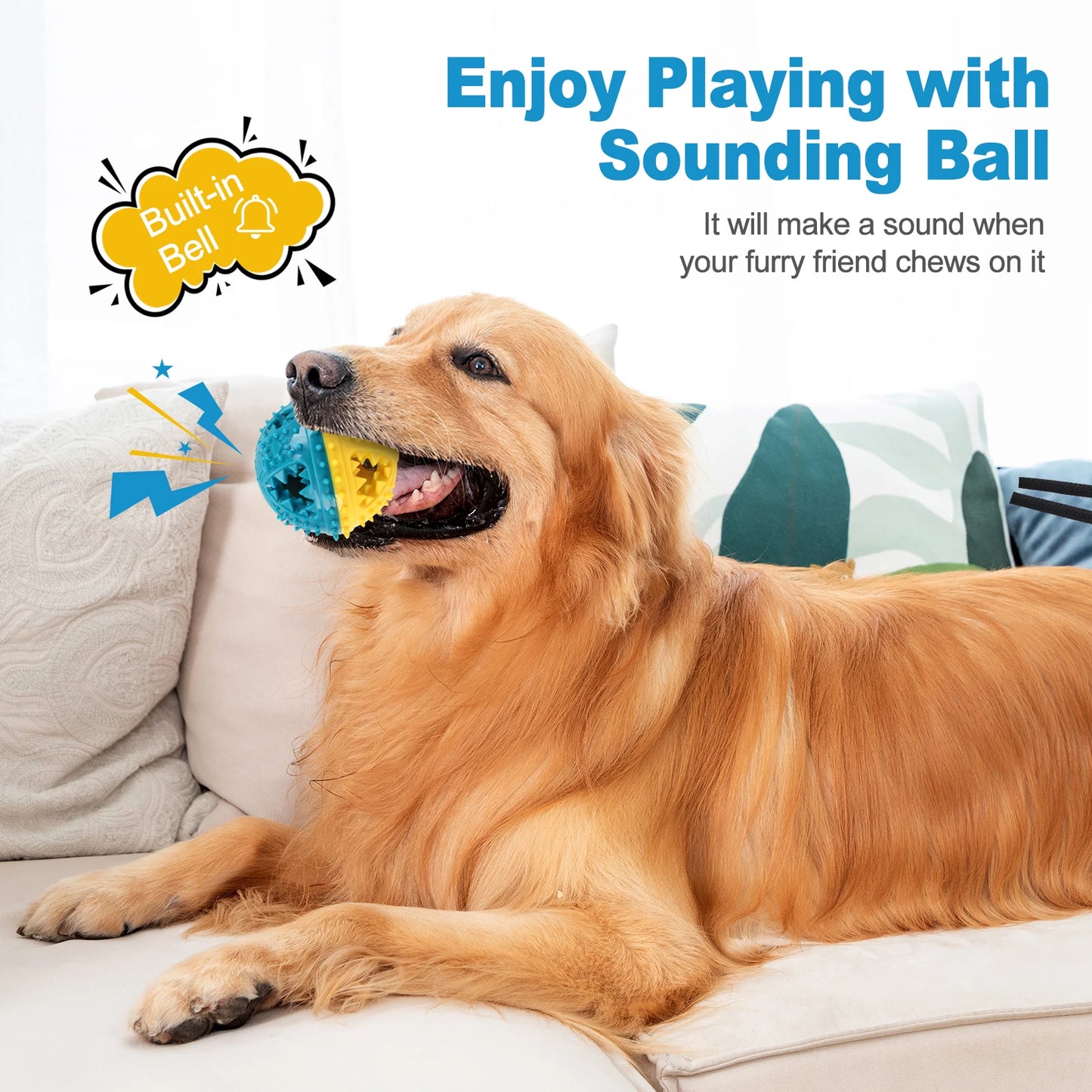 Dog playing with a colorful ball toy on a couch, with text about the ball's sound feature.