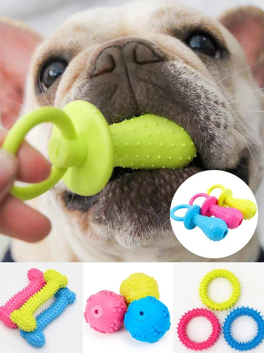 Dog holding a green rubber toy with additional toys in inset images.