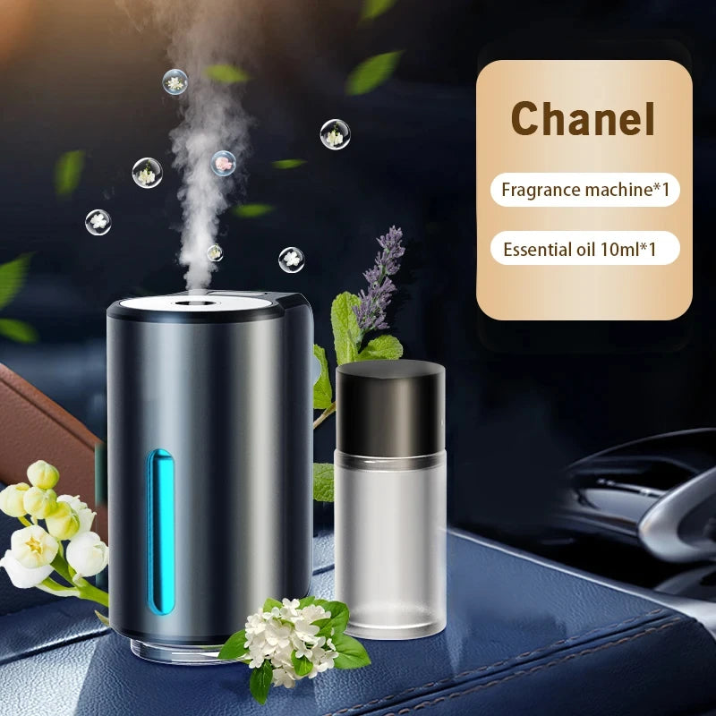 Fragrance machine with essential oil bottle on a car dashboard, featuring Chanel branding.