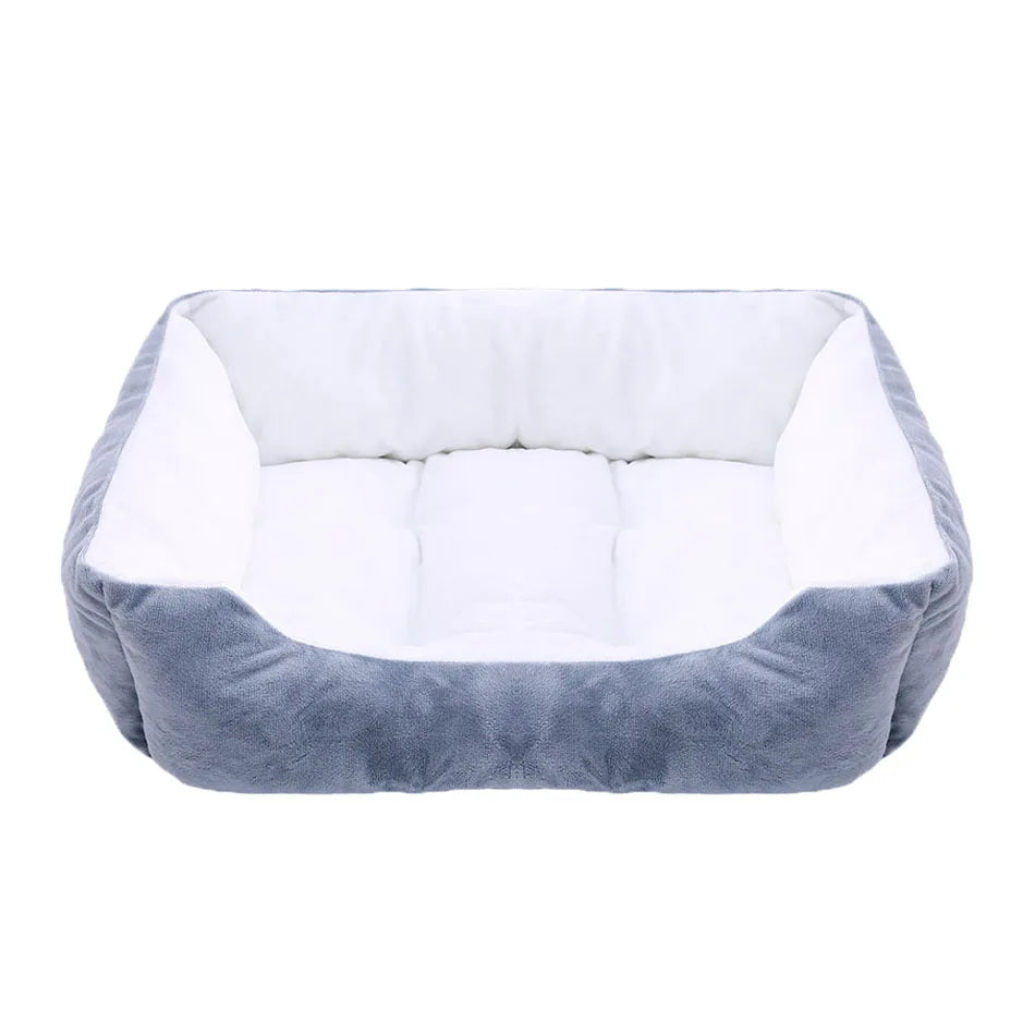 Gray pet bed with white interior on a white background