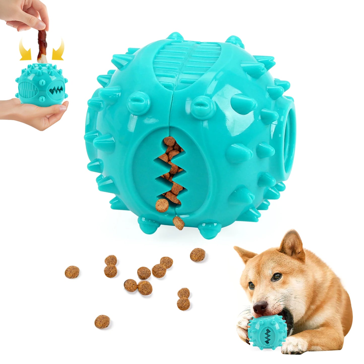 Teal dog toy with food compartments, a hand holding a smaller toy, and a dog playing with the larger toy.