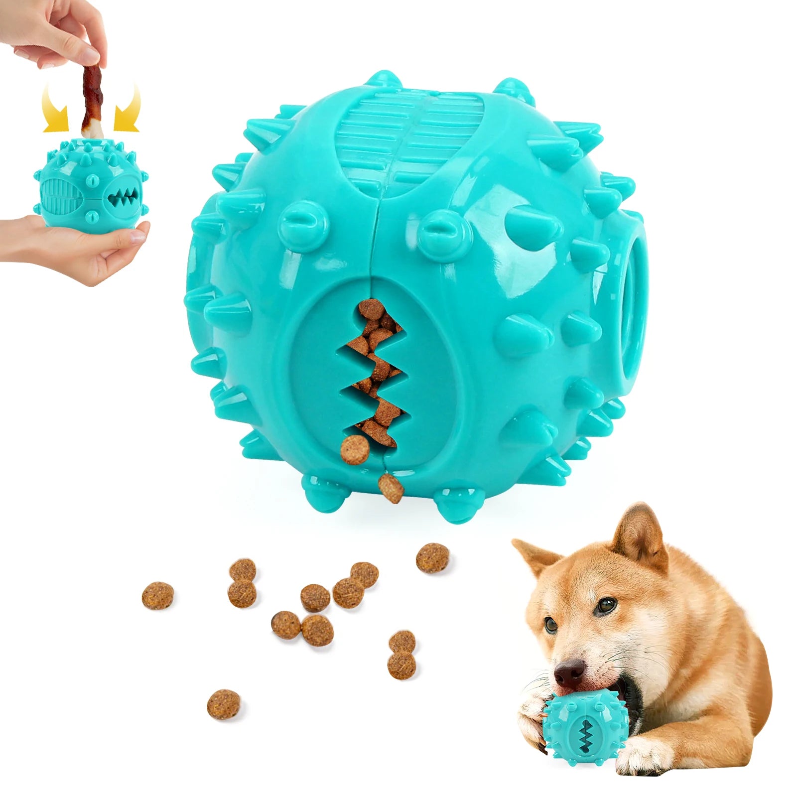 Teal dog toy with food compartments, a hand holding a smaller toy, and a dog playing with the larger toy.
