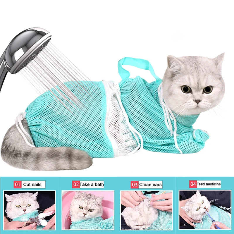 Mesh Cat Grooming Shower Bag Polyester Wash Mesh Bags Adjustable Cats Restraint Bag Prevent Scratching For Bathing Nail Trimming