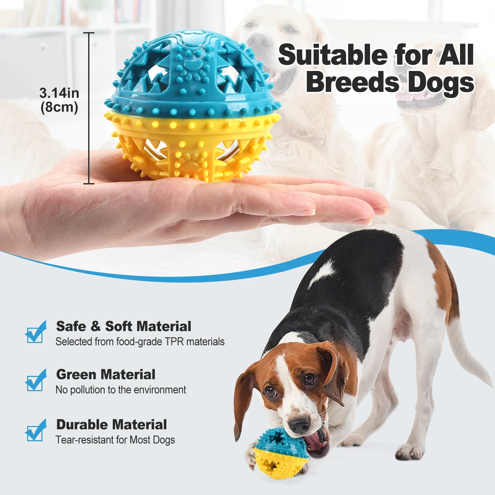 Dog toy with measurements and text about safety and durability, held by a person with a dog in the background.