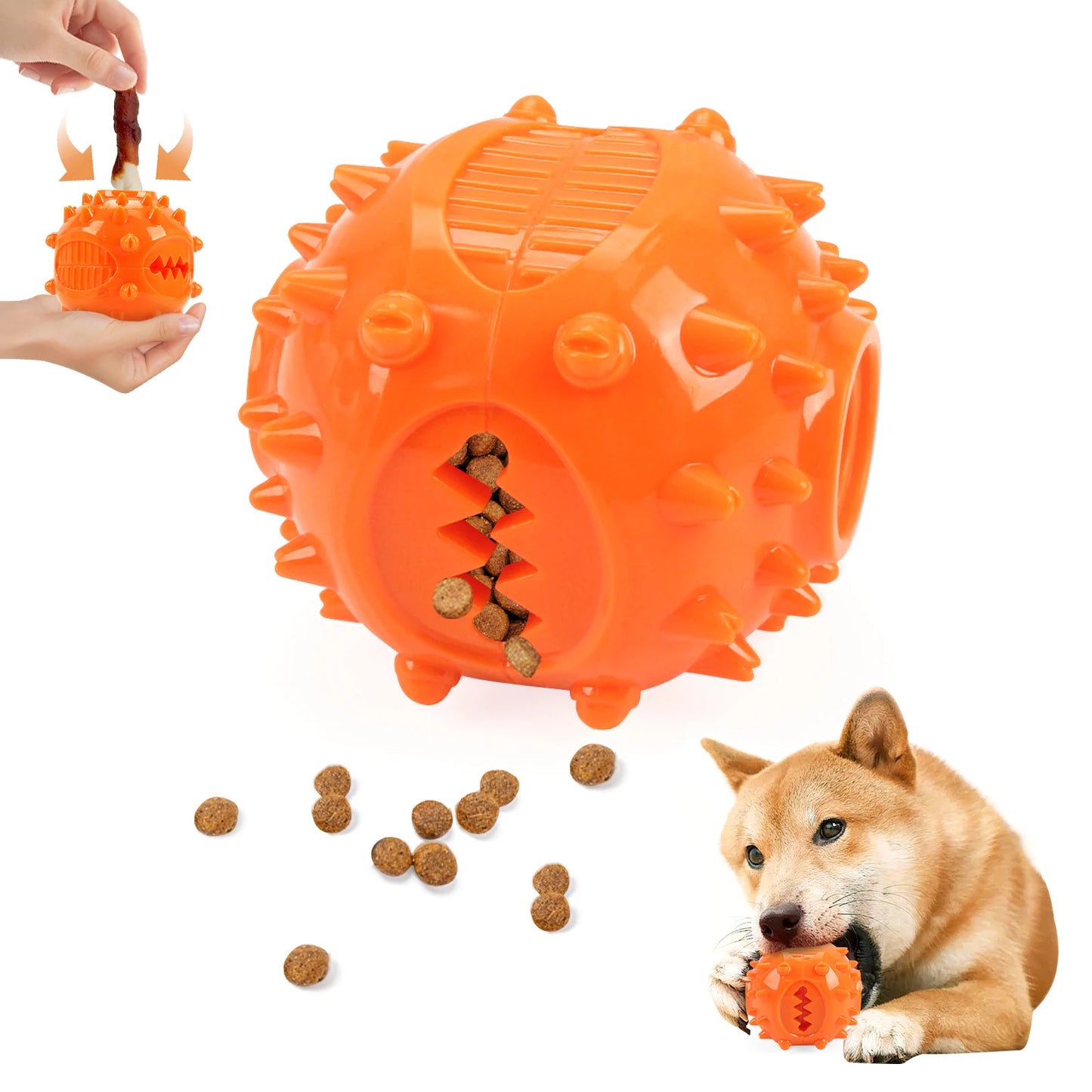 Orange dog toy with holes for treats, a hand holding a similar toy, and a dog chewing on a toy.
