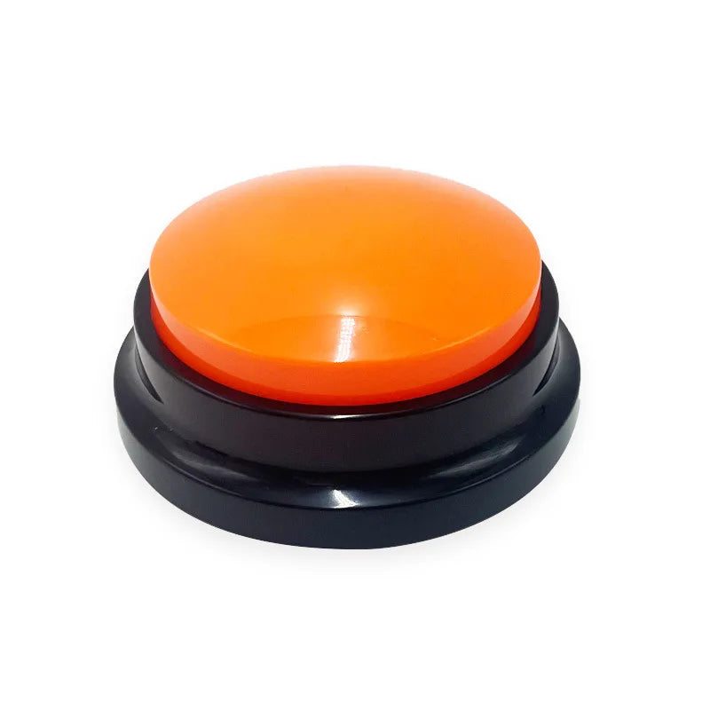 Orange button with black base on a white background