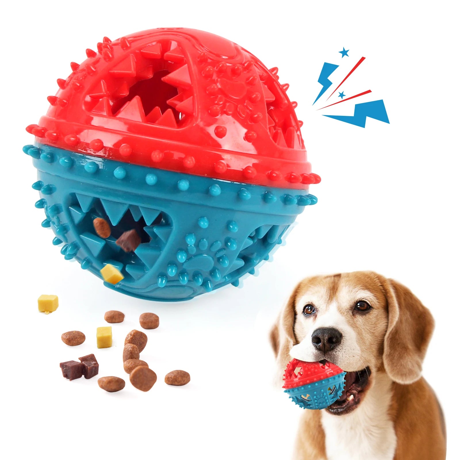 Red and blue textured dog toy with a dog holding it, surrounded by dog treats.