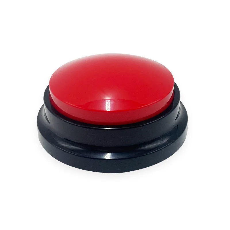 Red button with black base on a white background