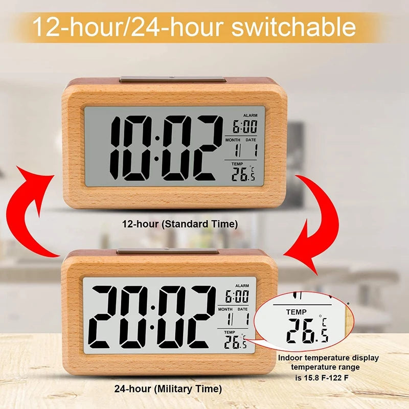 Wooden Large LED Digital Alarm Clock, Smart Sensor Night Light with Snooze, Date, Temperature, 12/24Hr Switchable