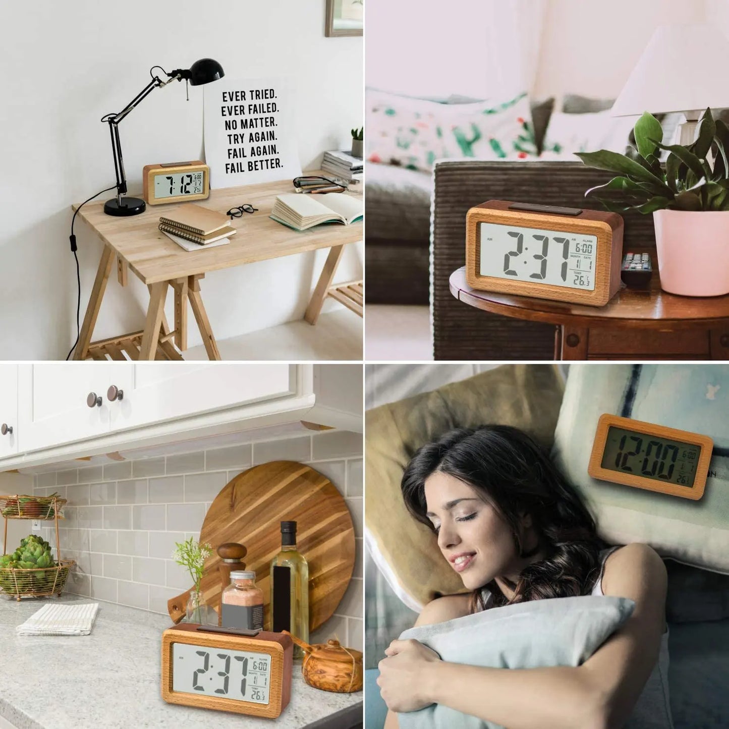 Wooden Large LED Digital Alarm Clock, Smart Sensor Night Light with Snooze, Date, Temperature, 12/24Hr Switchable