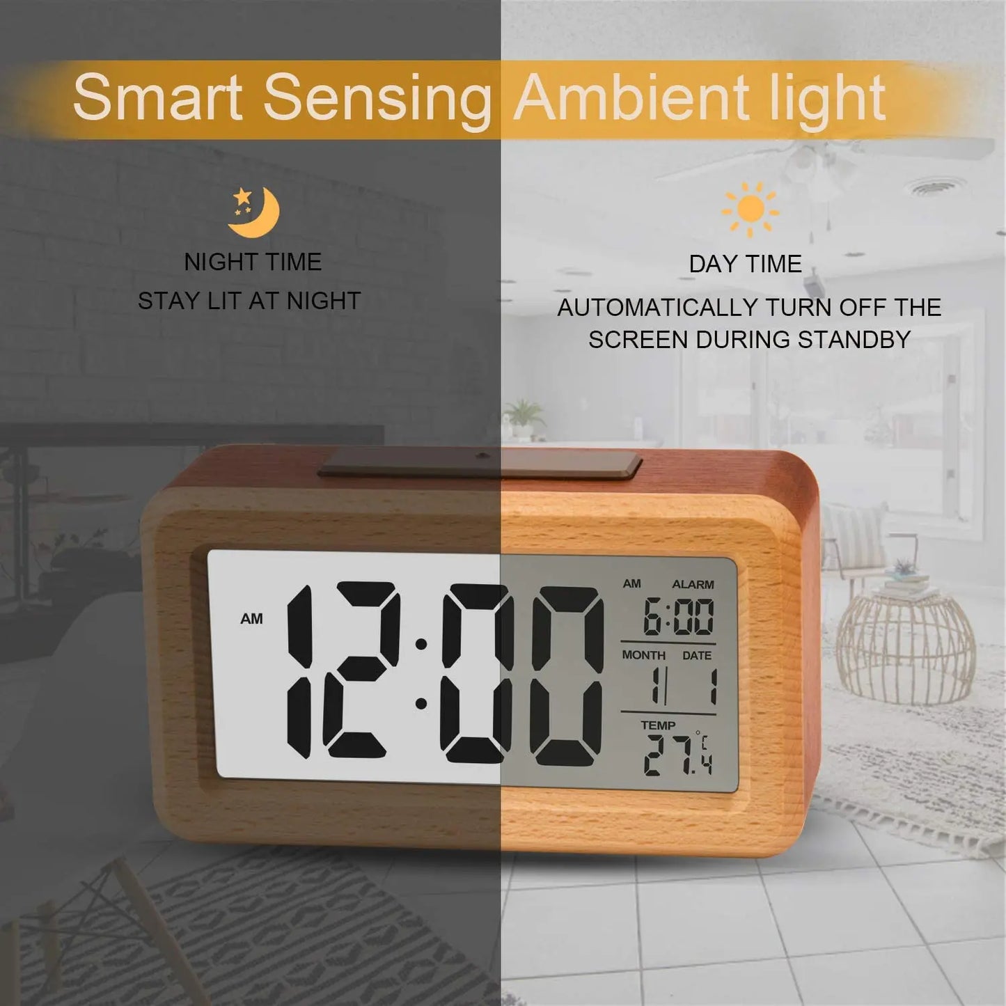 Wooden Large LED Digital Alarm Clock, Smart Sensor Night Light with Snooze, Date, Temperature, 12/24Hr Switchable