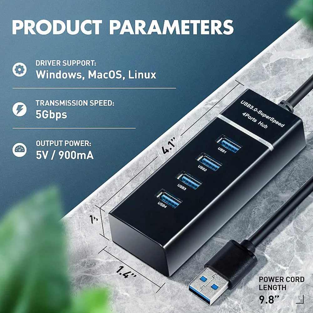 USB 3.0 multi port hub, 5Gbps, 4-port high-speed USB splitter adapter suitable for PCs, computer accessories