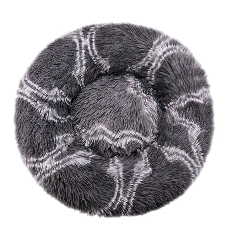 Cozy calming dog bed with long plush fabric