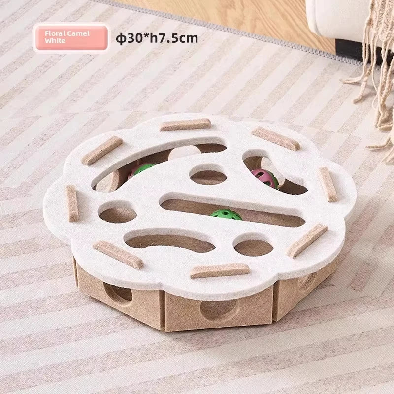 White and brown pet toy with holes on a striped carpet