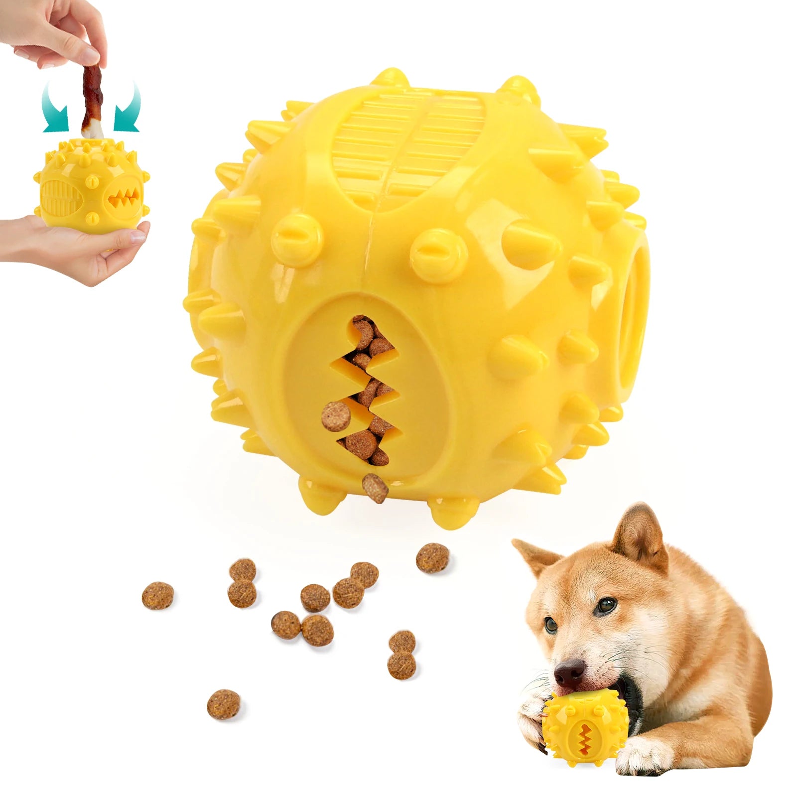 Yellow dog toy with textured surface and small holes, filled with treats, next to a dog playing with it.