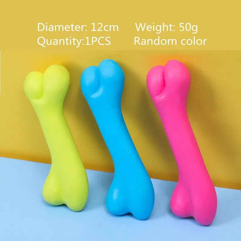 Three colorful bone-shaped toys on a yellow and blue background with product details.