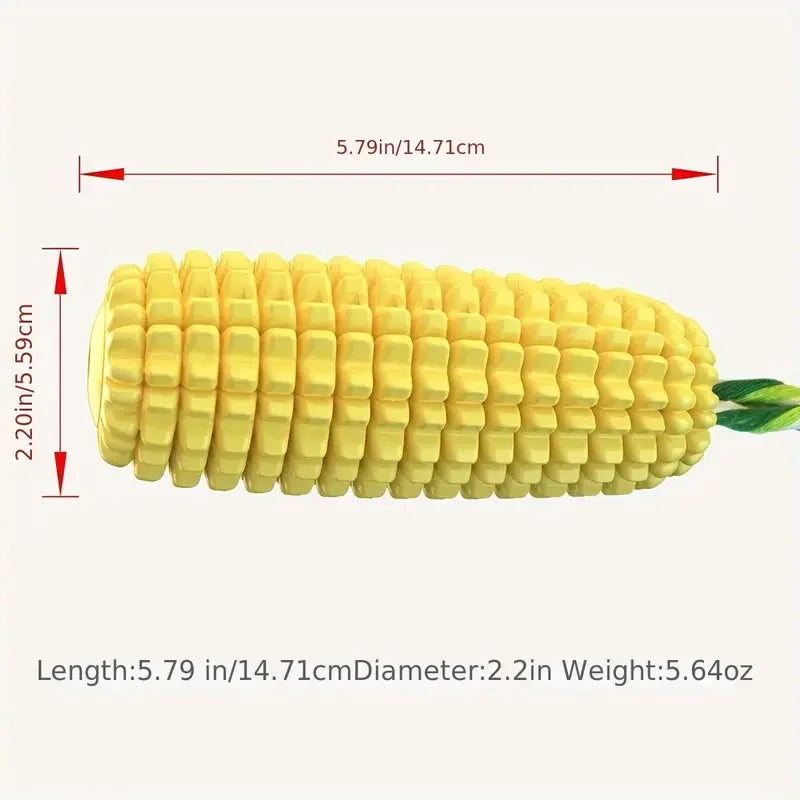 Corn-shaped dog toy with measurements on a white background