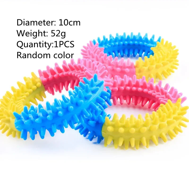 Colorful spiky ball with text on diameter, weight, quantity, and color randomness.
