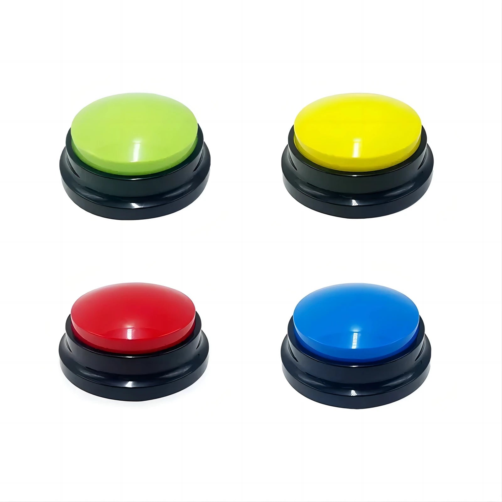 Four colorful buttons (green, yellow, red, blue) on a white background