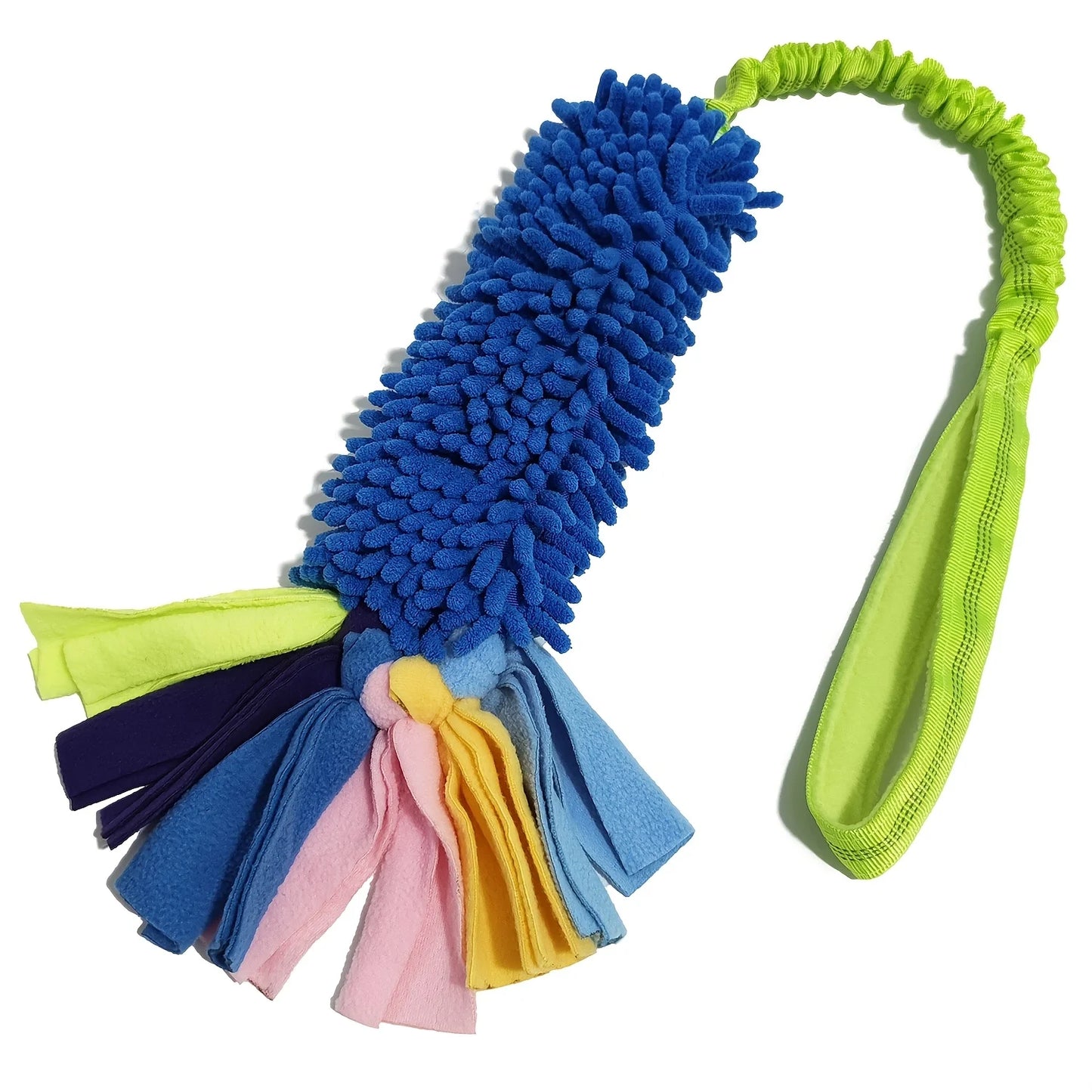 Colorful dog toy with a blue Chenille handle and multicolored fabric ends on a white background