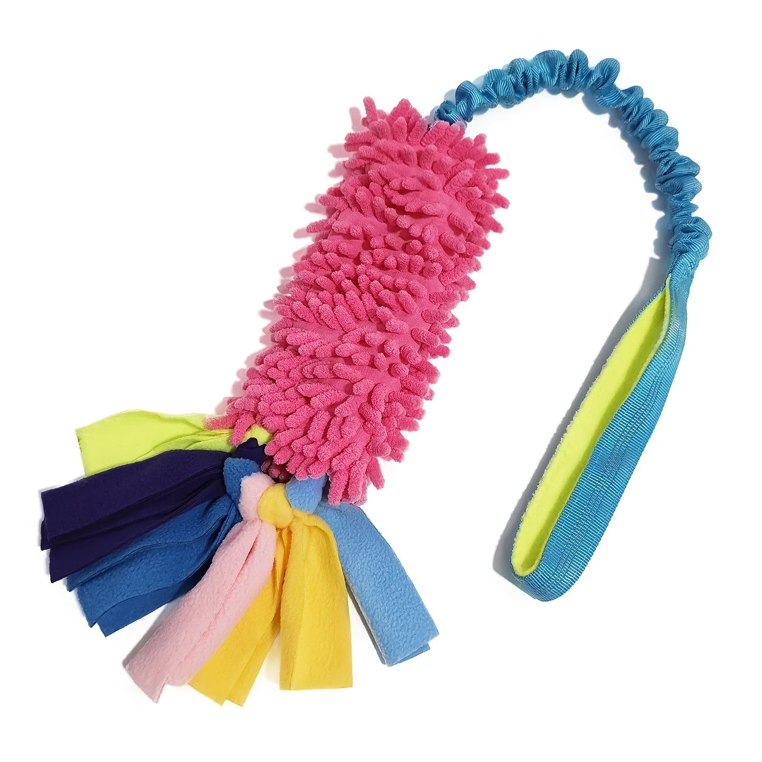 Colorful dog toy with a pink textured handle and multicolored ribbons on a white background