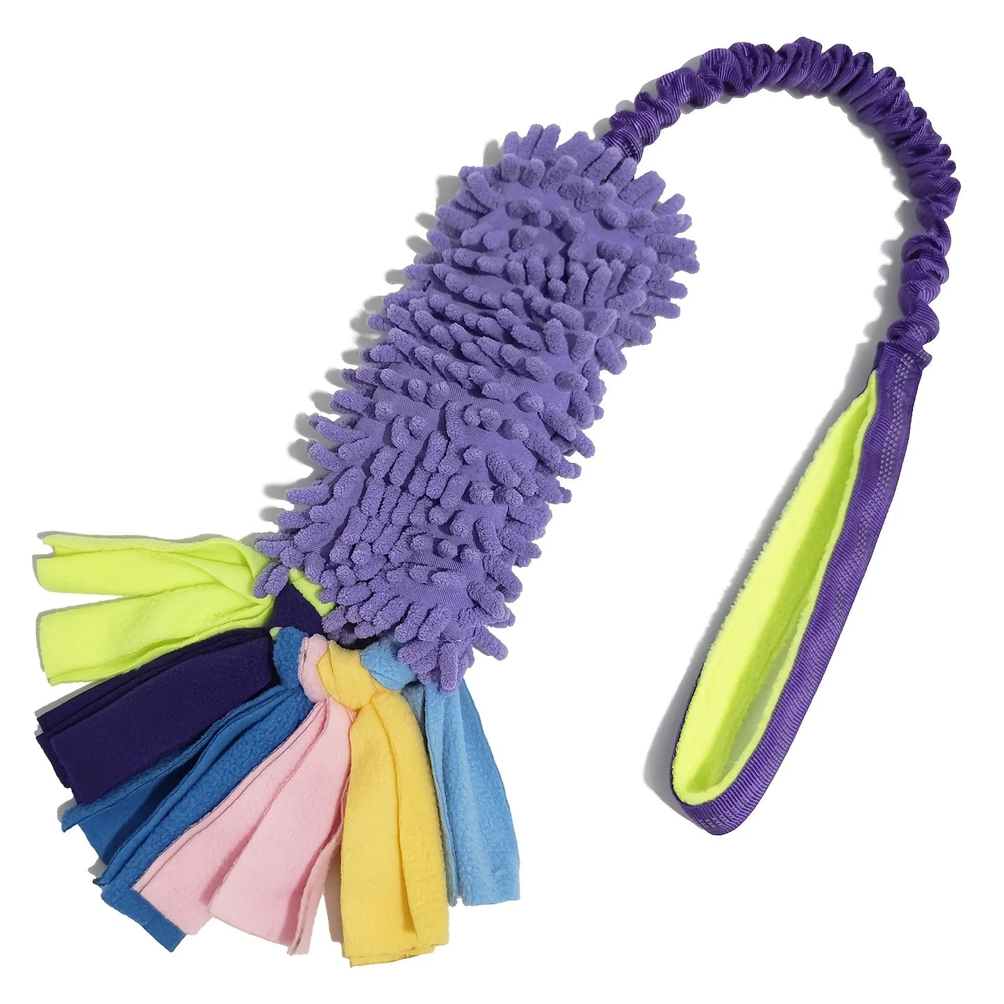 Colorful dog toy with a textured handle on a white background