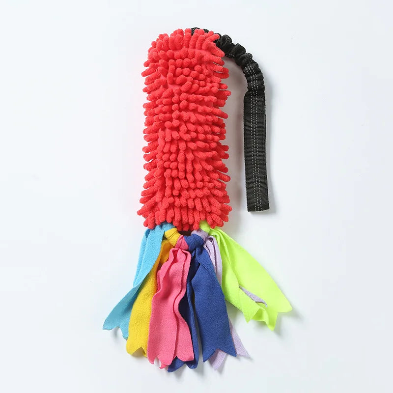 Dog toy with a red Chenille handle and colorful fabric tassels on a white background