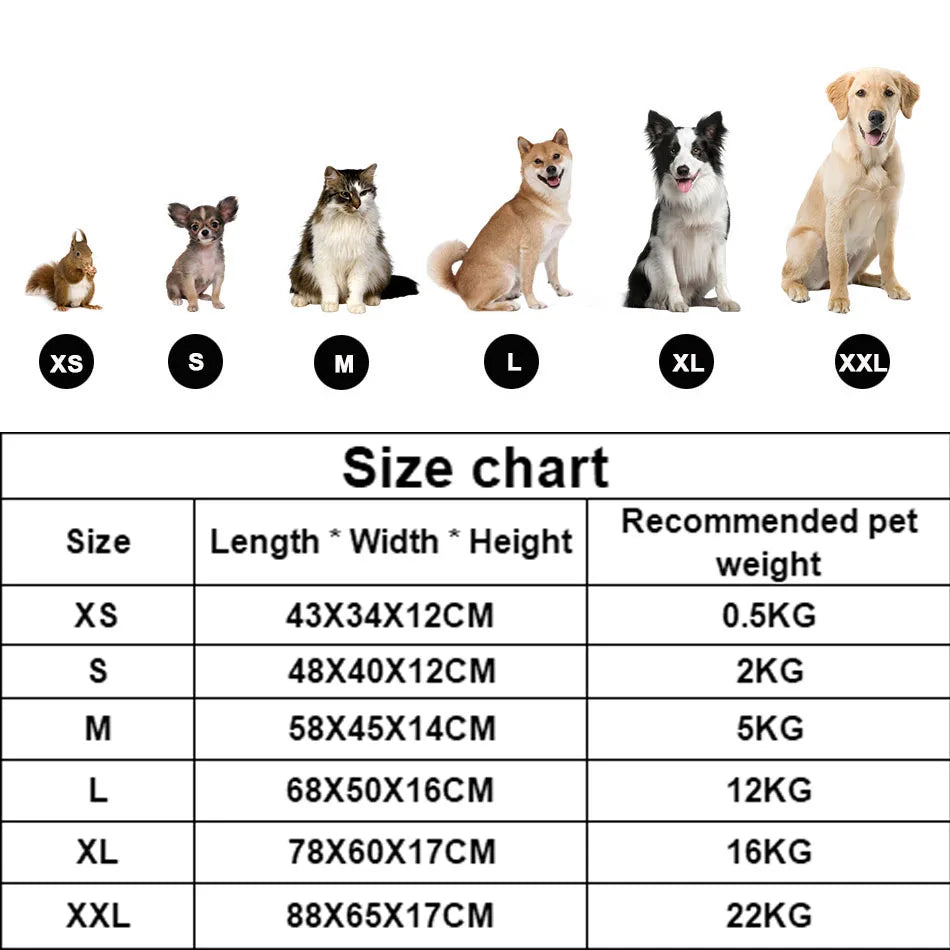 Size chart for pet products with images of dogs and squirrels indicating different sizes.