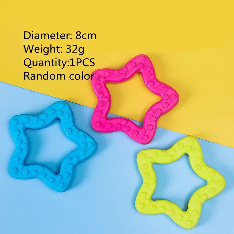 Three star-shaped toys in pink, blue, and green on a yellow and blue background with product details.