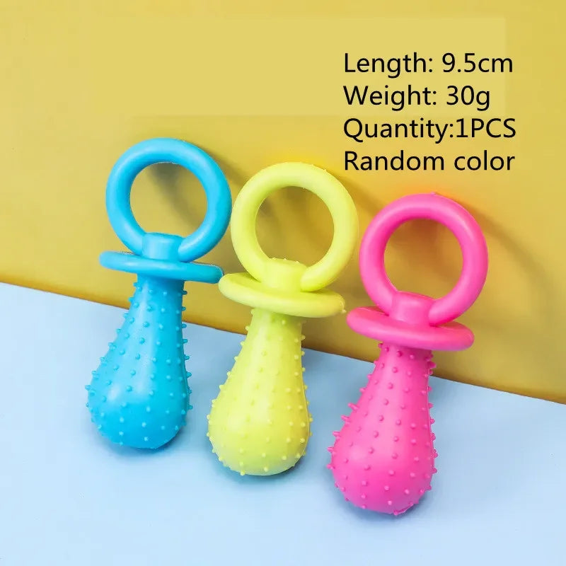 Three colorful baby teething toys on a blue and yellow background with product details.