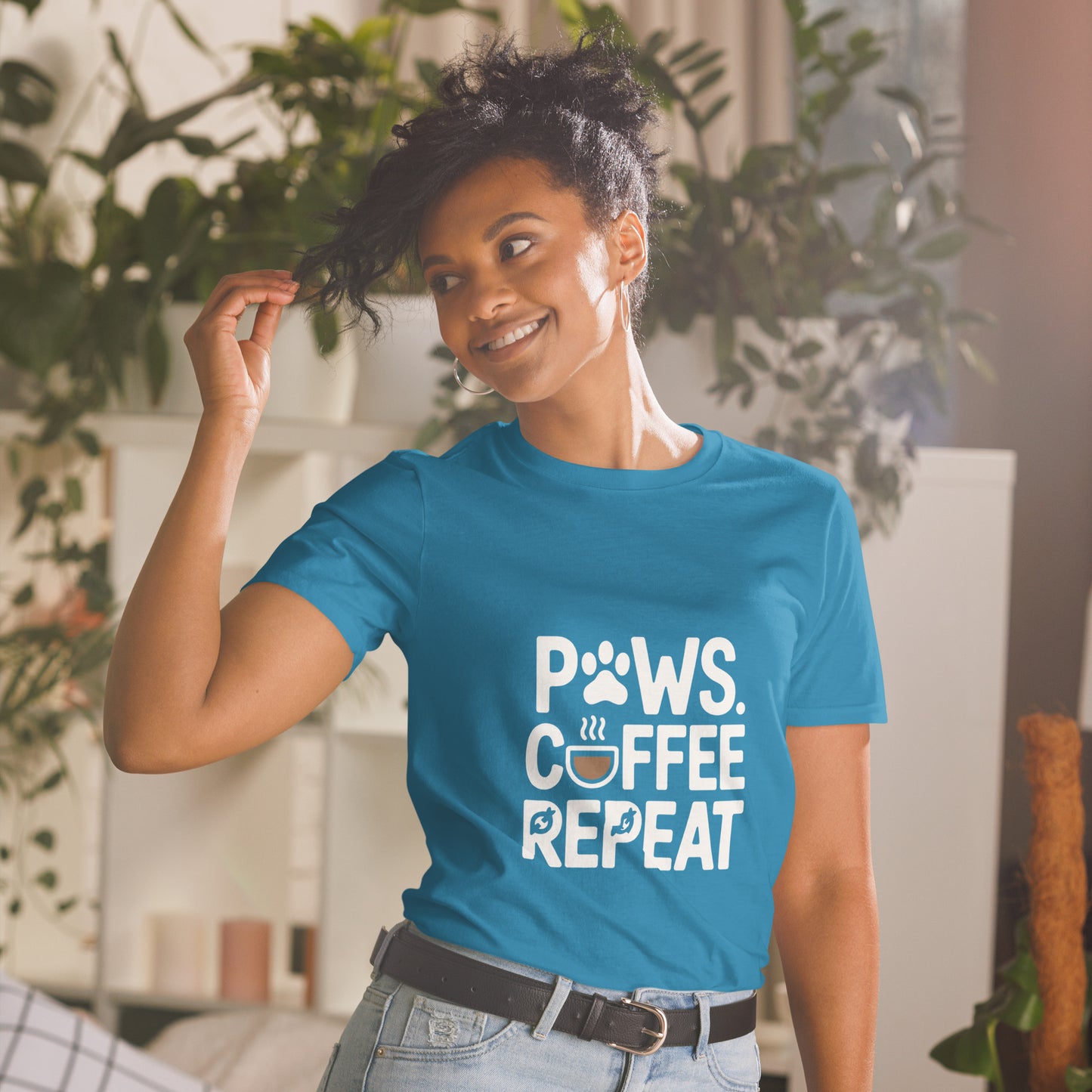 Paws Coffee Repeat short-sleeve unisex t-shirt