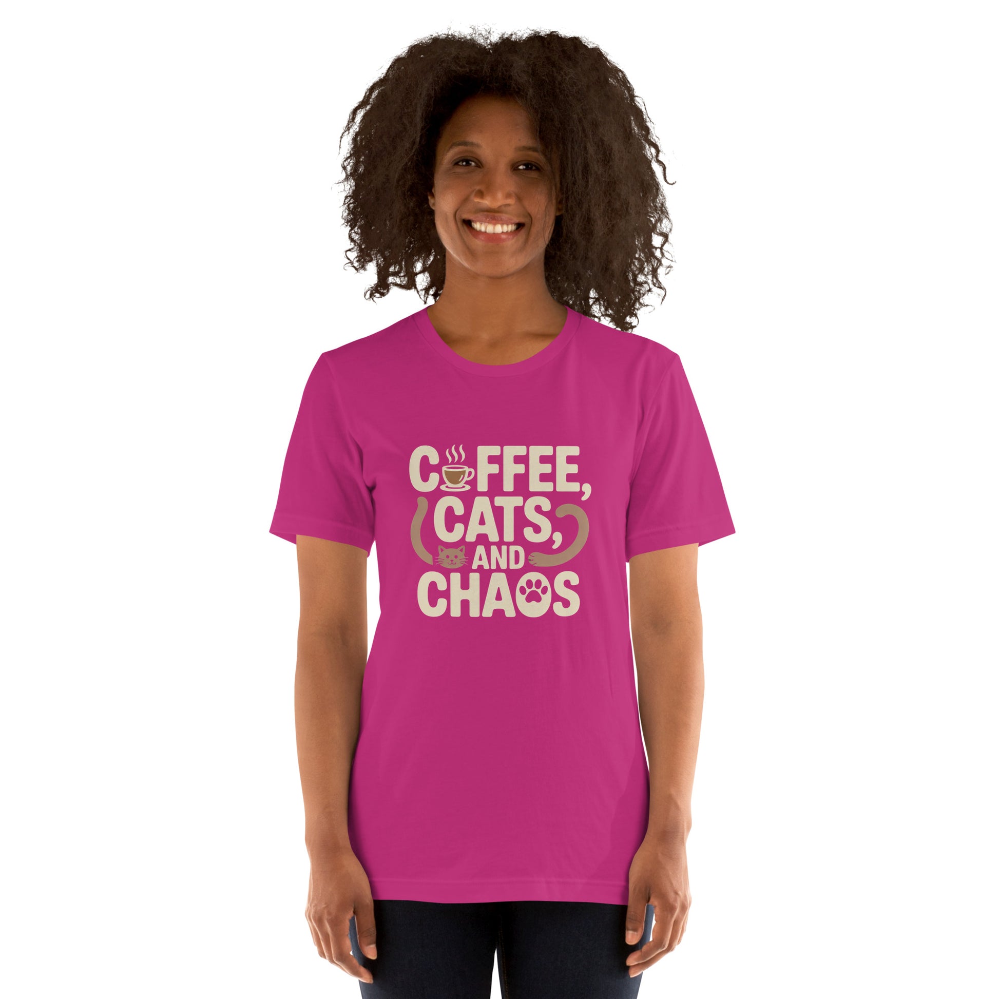 Coffee, Cats, and Chaos unisex t-shirt