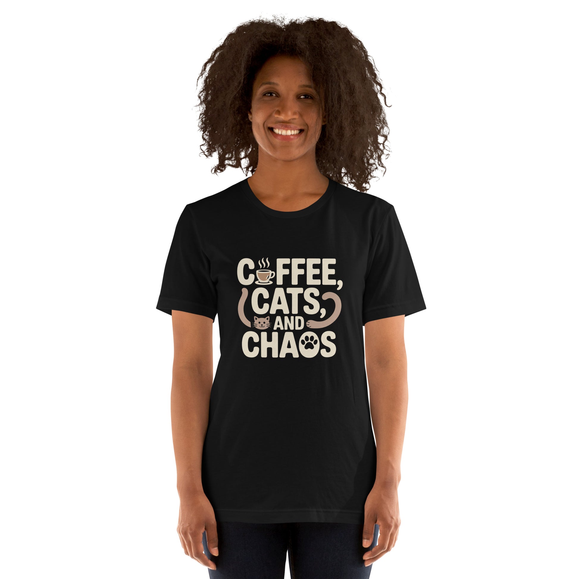 Coffee, Cats, and Chaos unisex t-shirt