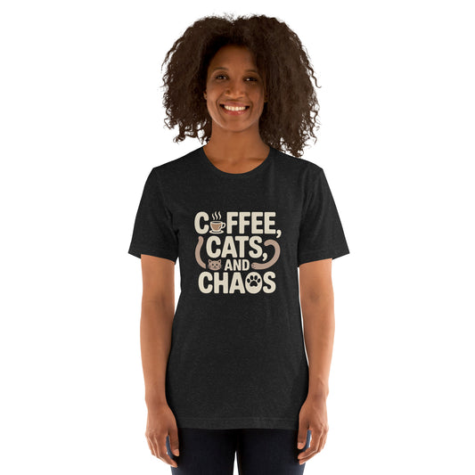 Coffee, Cats, and Chaos unisex t-shirt