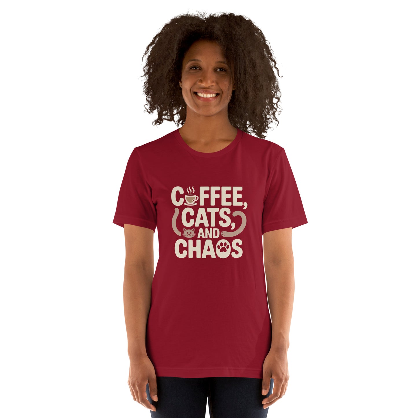 Coffee, Cats, and Chaos unisex t-shirt