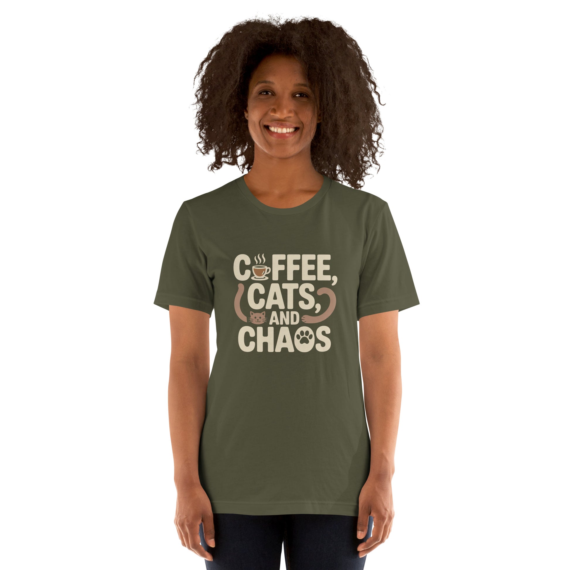 Coffee, Cats, and Chaos unisex t-shirt