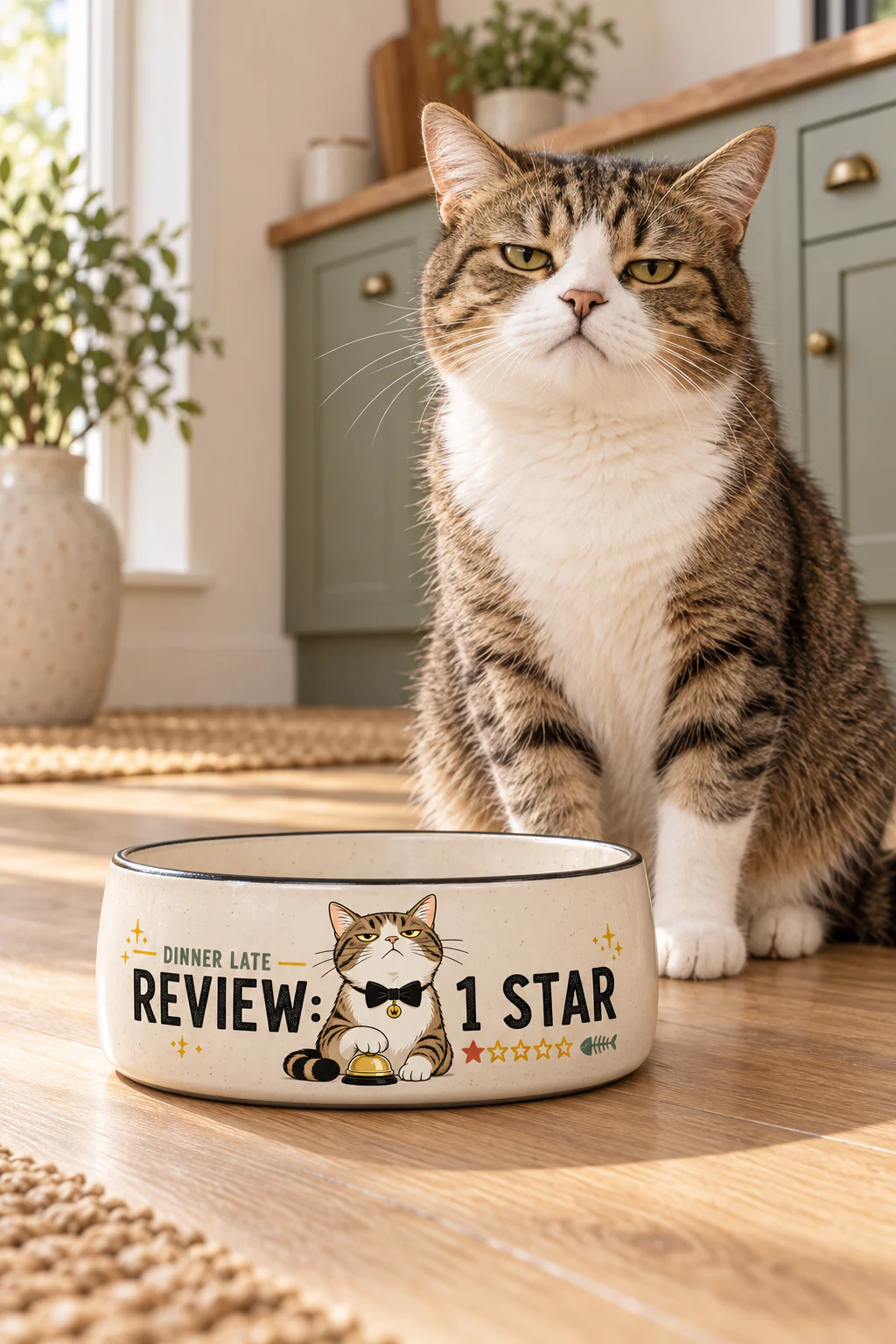 Unimpressed cat sitting beside a Dinner Late Review One Star ceramic bowl