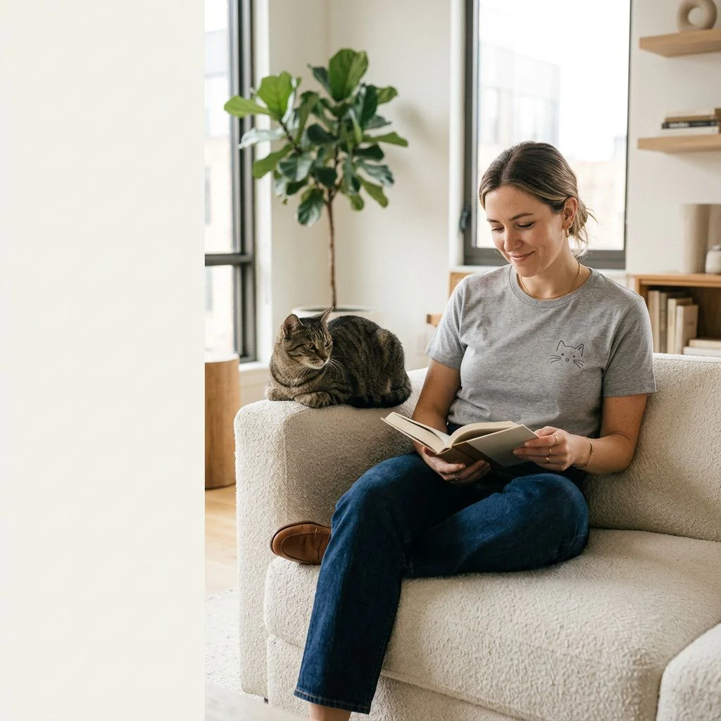 Woman wearing a minimal cat tee while reading beside her cat at home