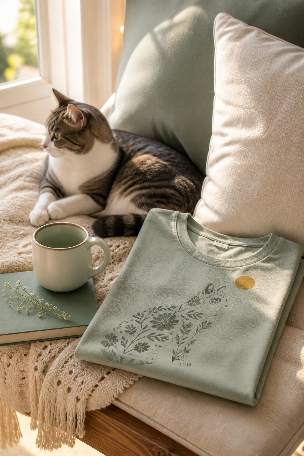 Folded premium tee with cozy cat person essentials and a cat nearby