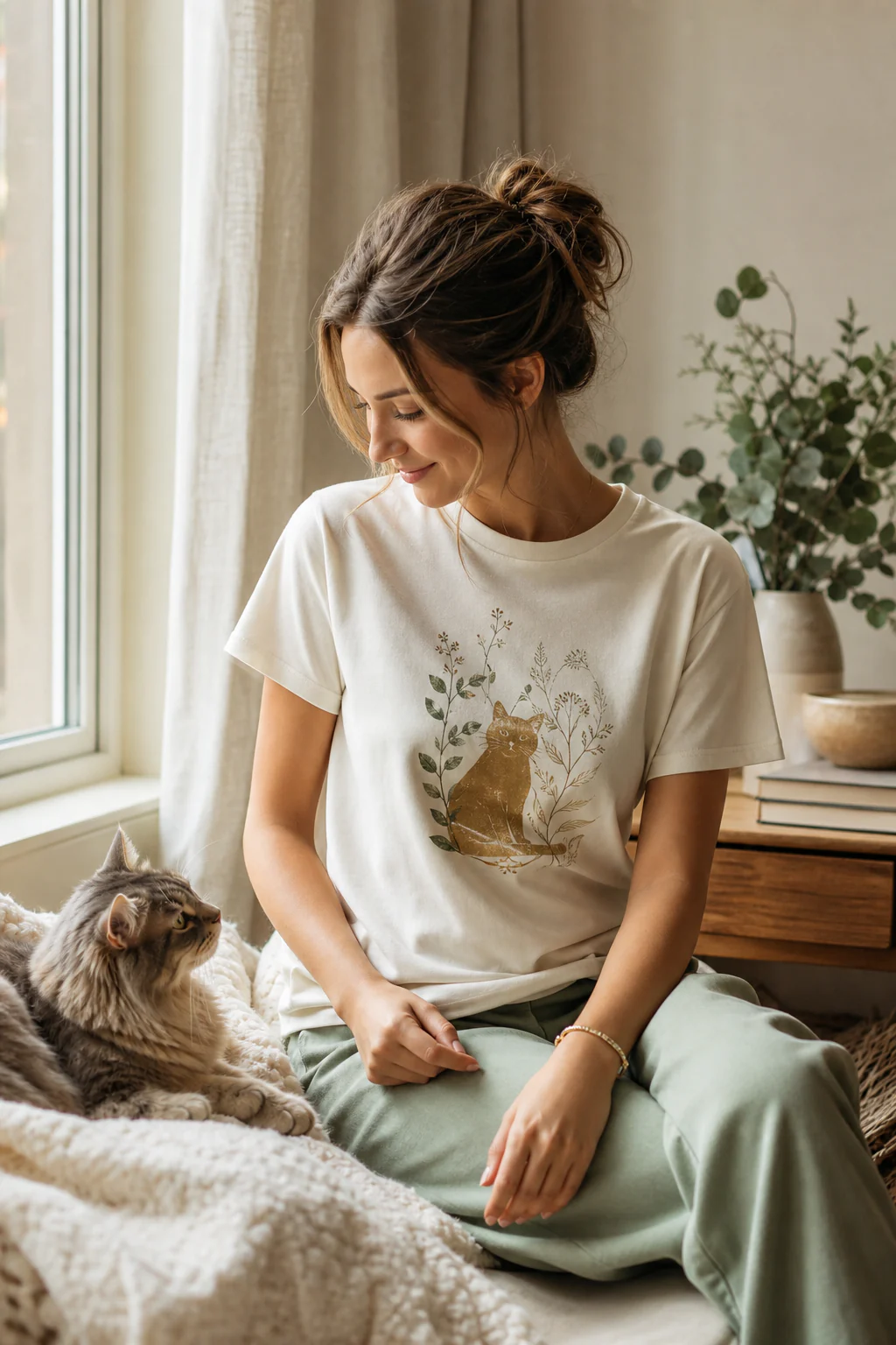 Cat owner wearing a premium tee while seated by a window with a cat