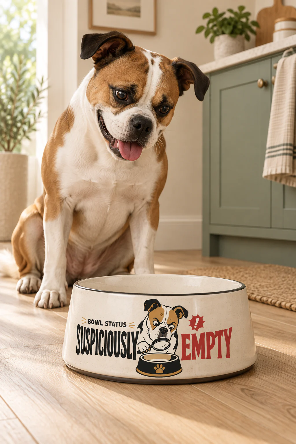 Dog waiting beside a Bowl Status Suspiciously Empty ceramic bowl